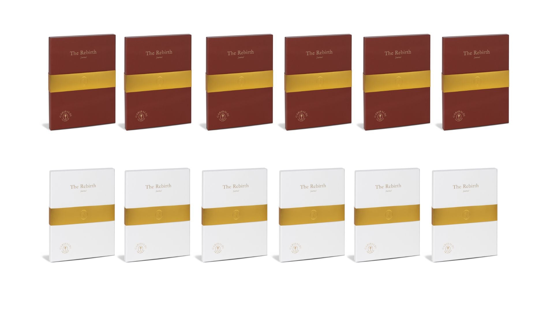 Set of twelve journal boxes titled 'The Rebirth' with gold bands on a white background